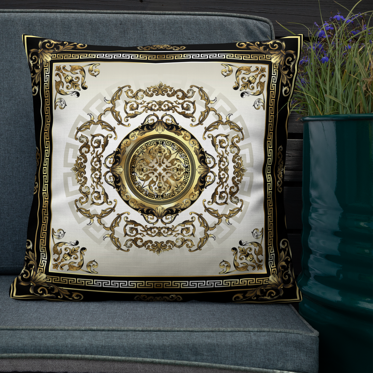 Ornate Baroque Balck Cream Gold Greek Keys Premium Pillow