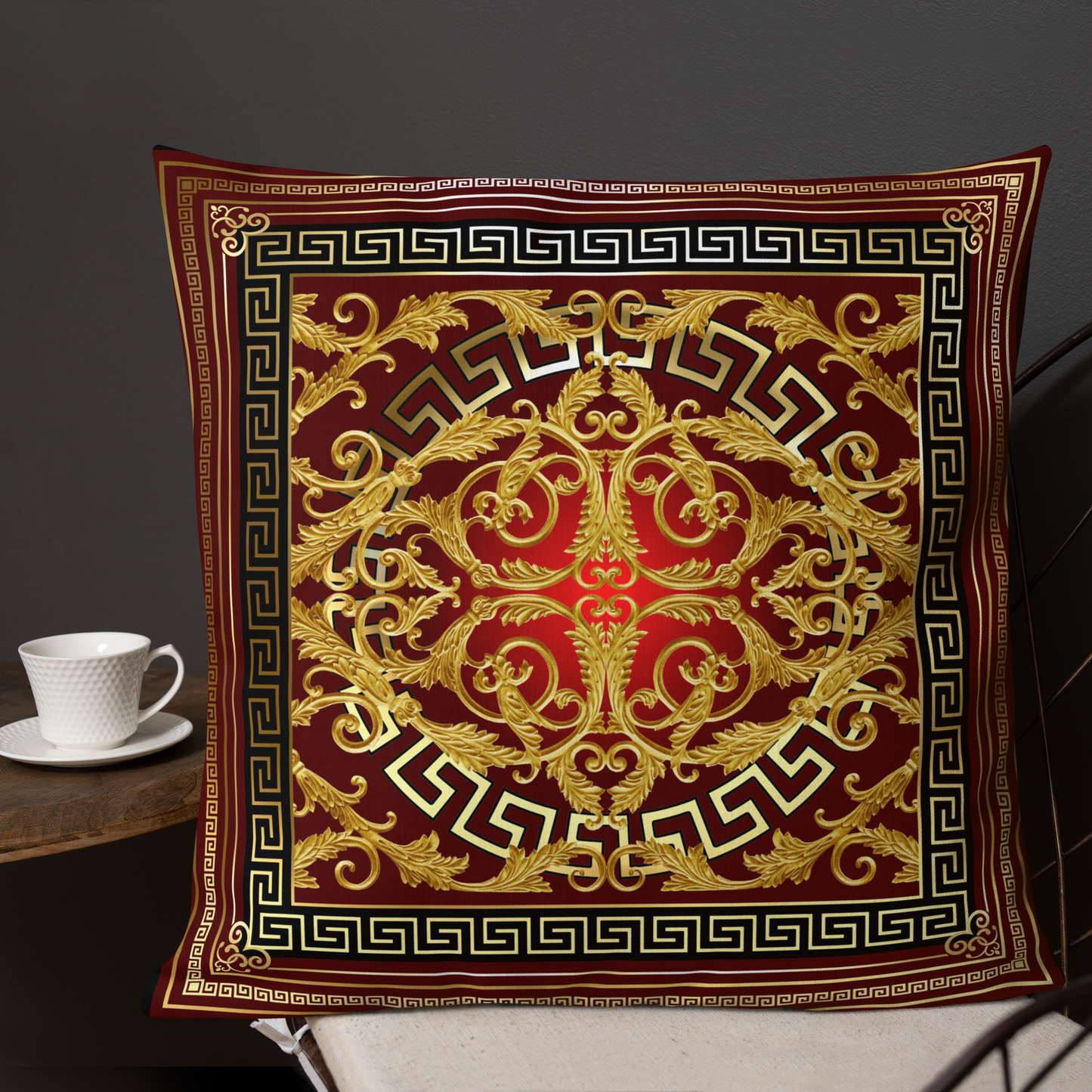 Greek Key Gold Red Black Baroque Premium Pillow