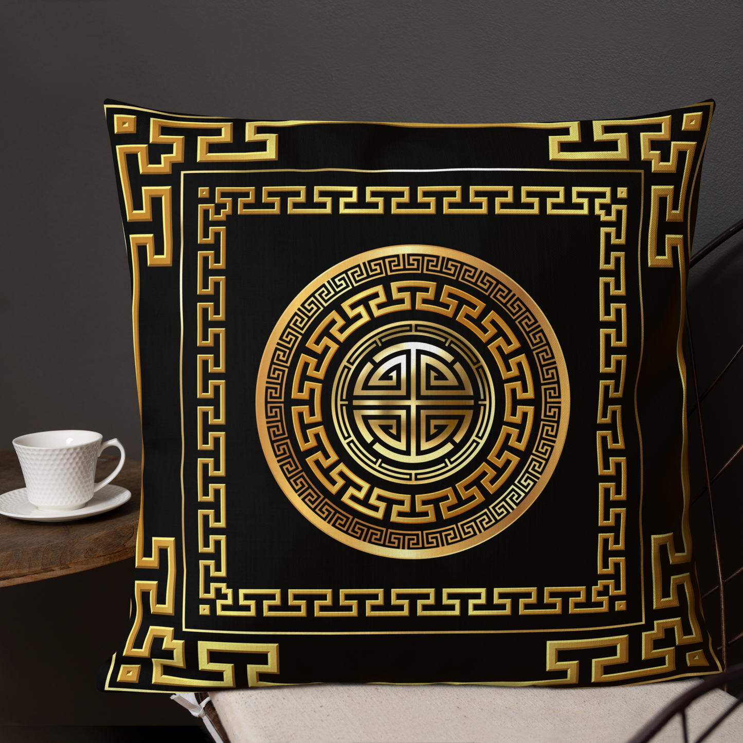 Greek Key Large Gold Black Premium Pillow