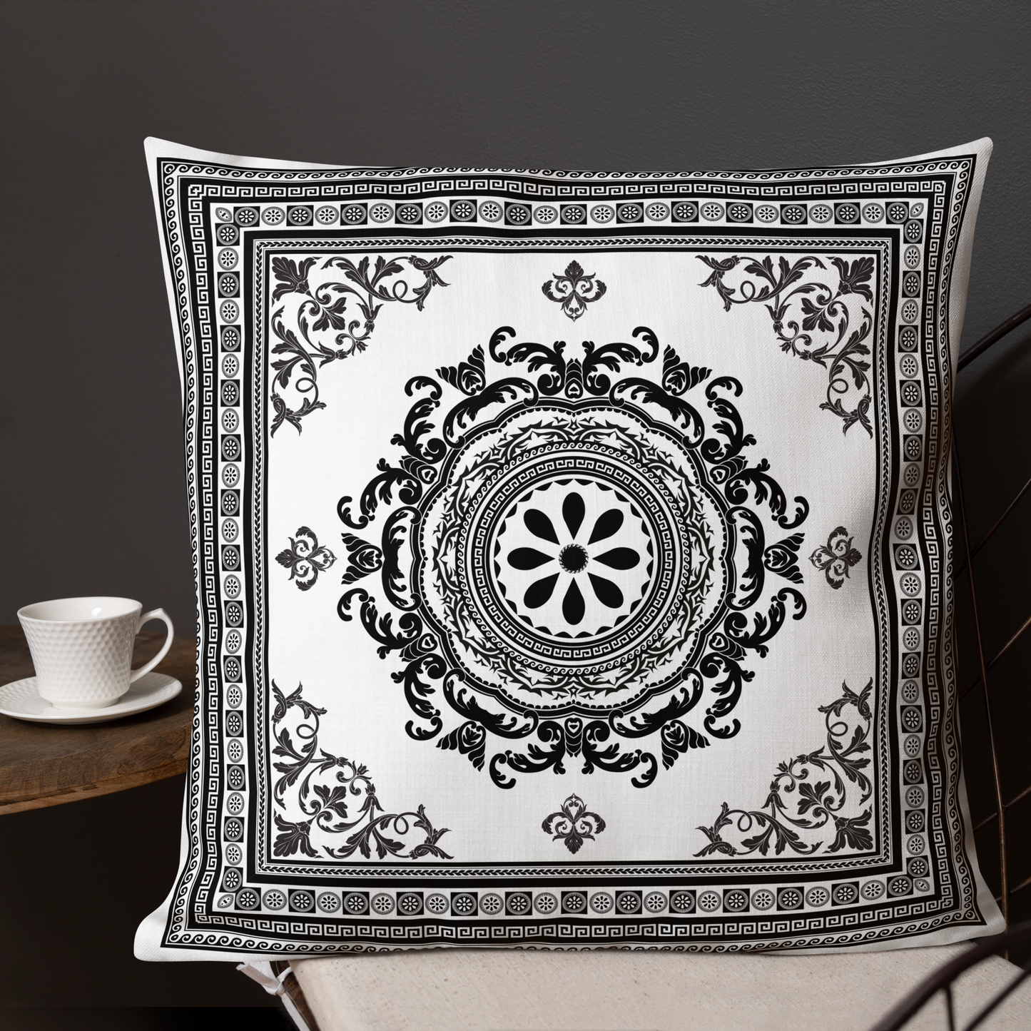 Ornate White Black Floral Greek Key Premium Pillow