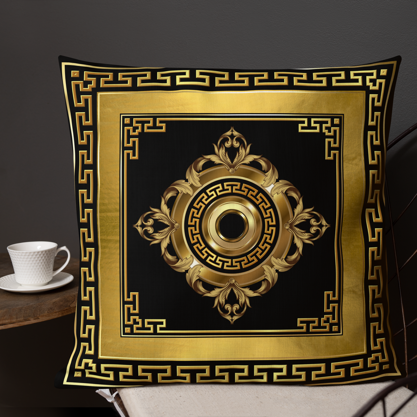 Golden Greek Keys Black Medallion Premium Pillow