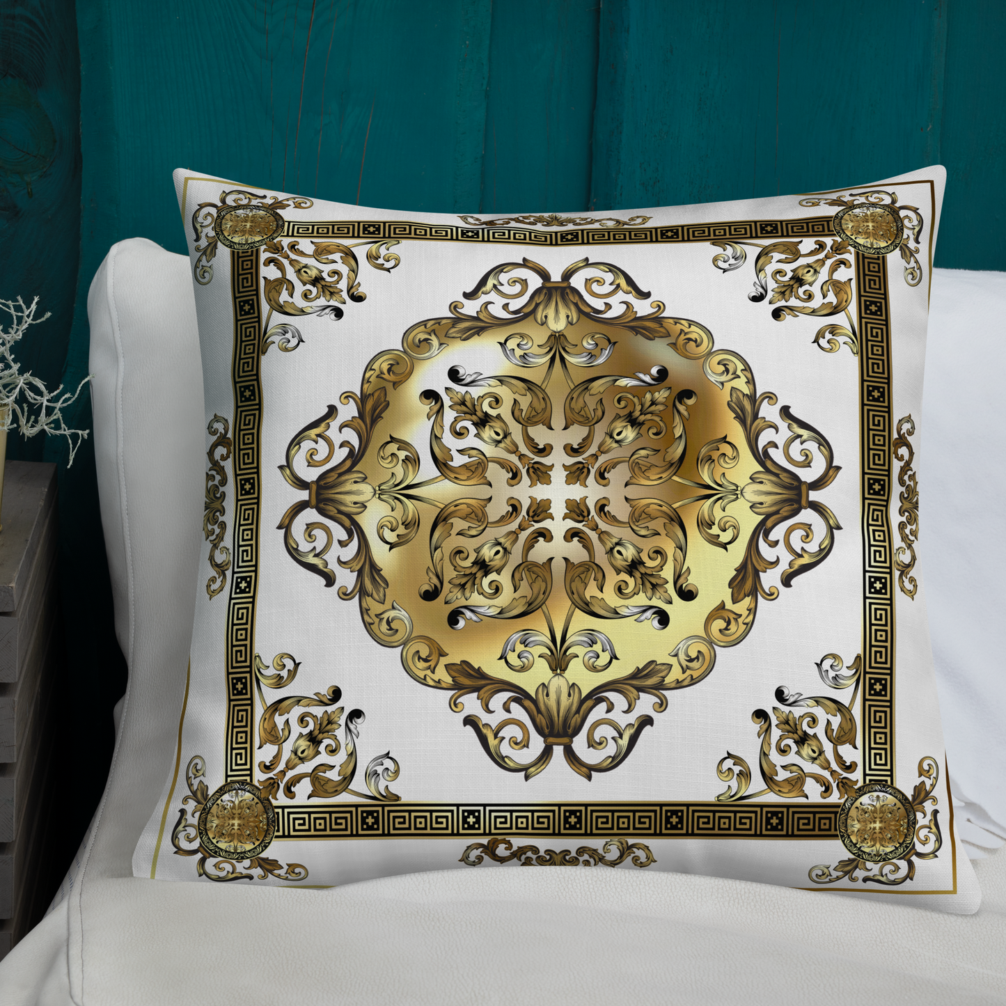 Greek Key Gold White Ornate Premium Pillow