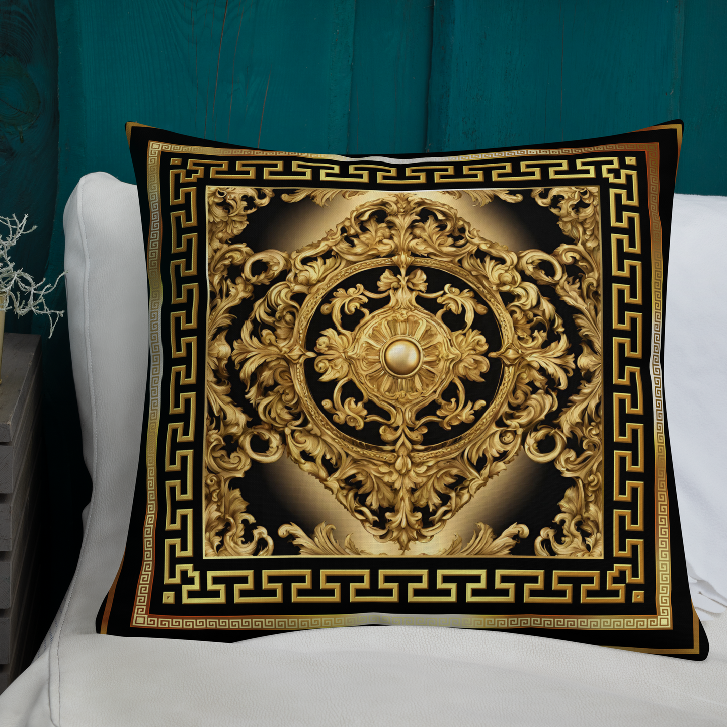 Ornate Baroque Gold Black Greek Key Premium Pillow