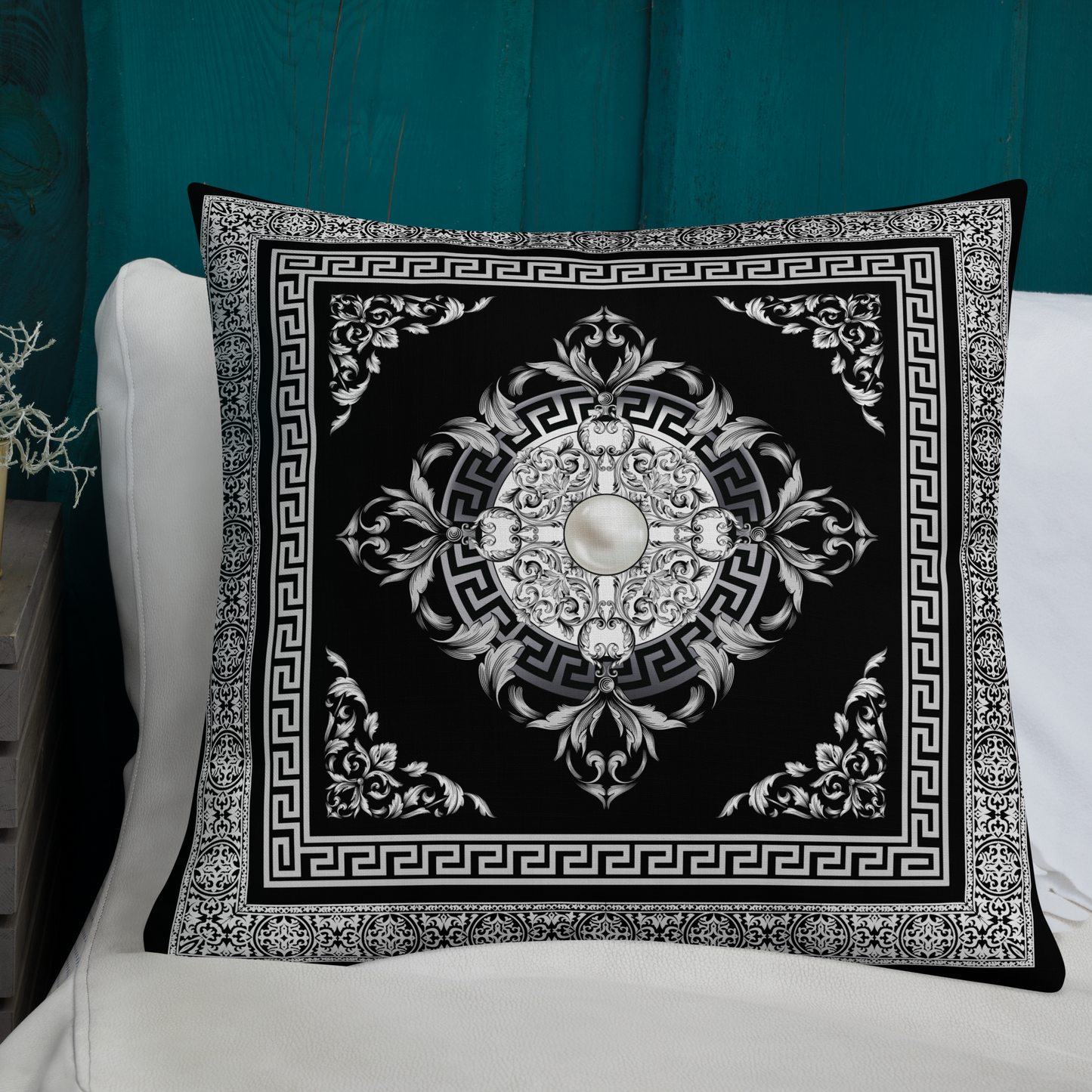 Greek Key SIlver White Black Medallion Premium Pillow