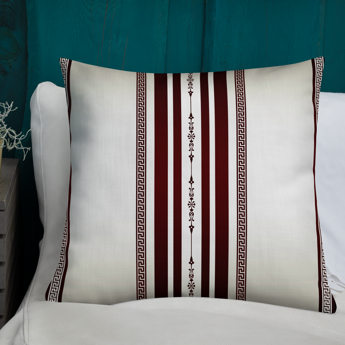 Cream Maroon Stripes Greek Key Premium Pillow