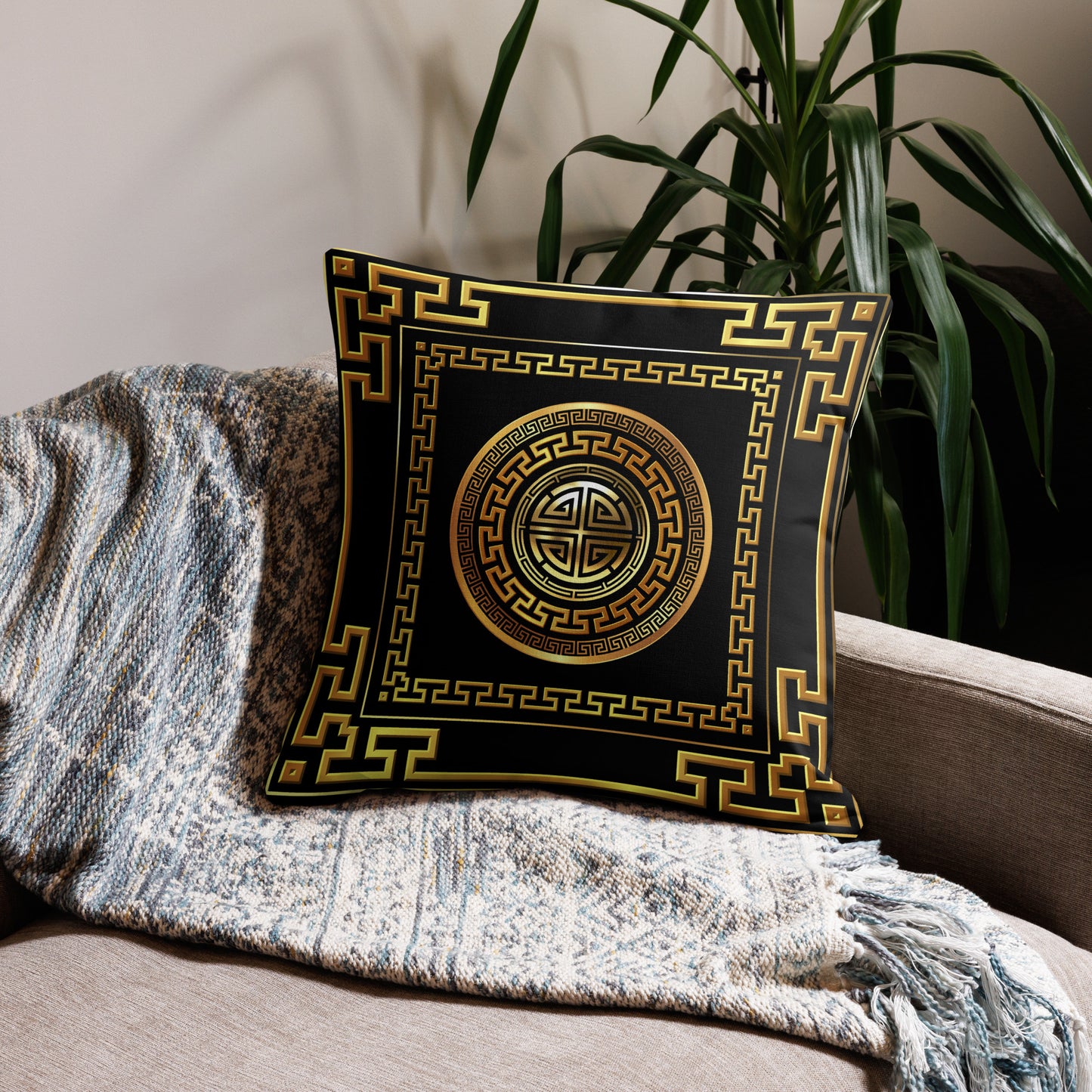 Greek Key Large Gold Black Premium Pillow