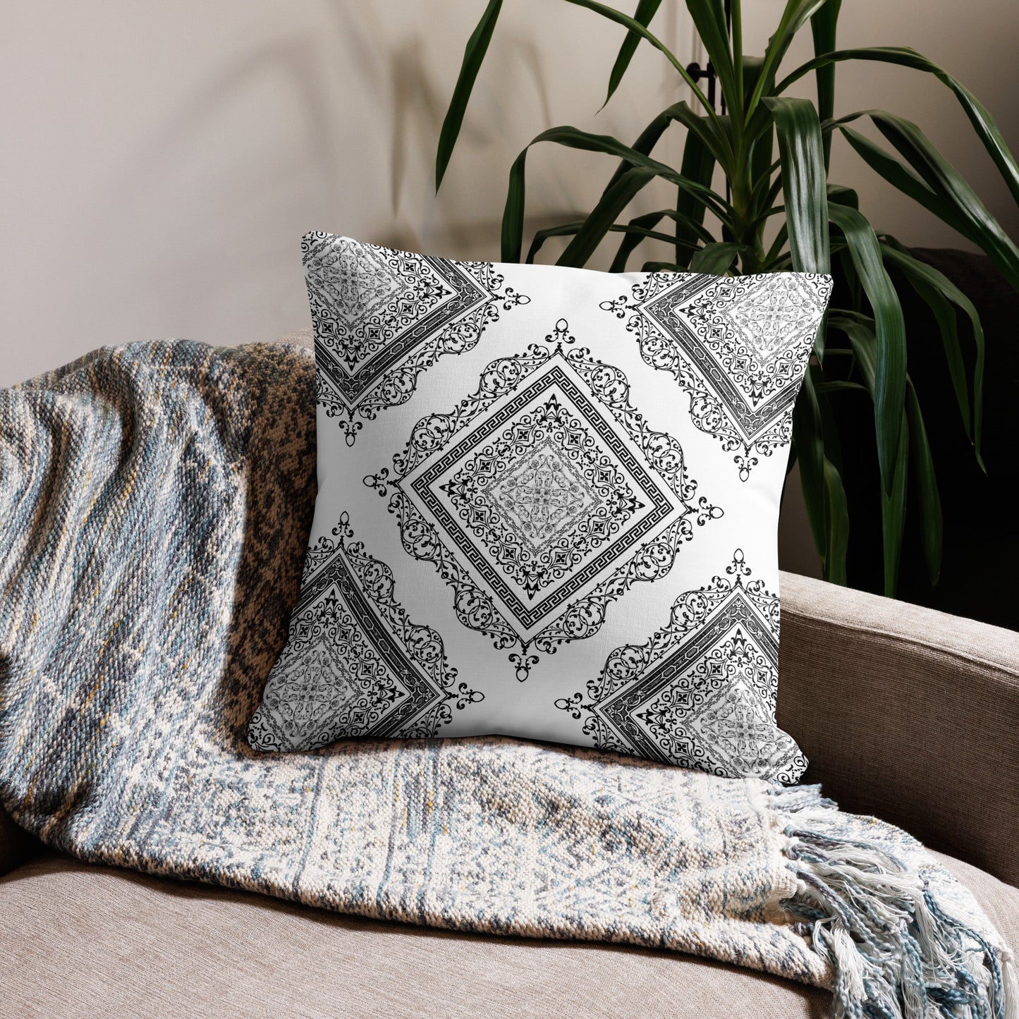 Greek Key White Black Ornate Premium Pillow