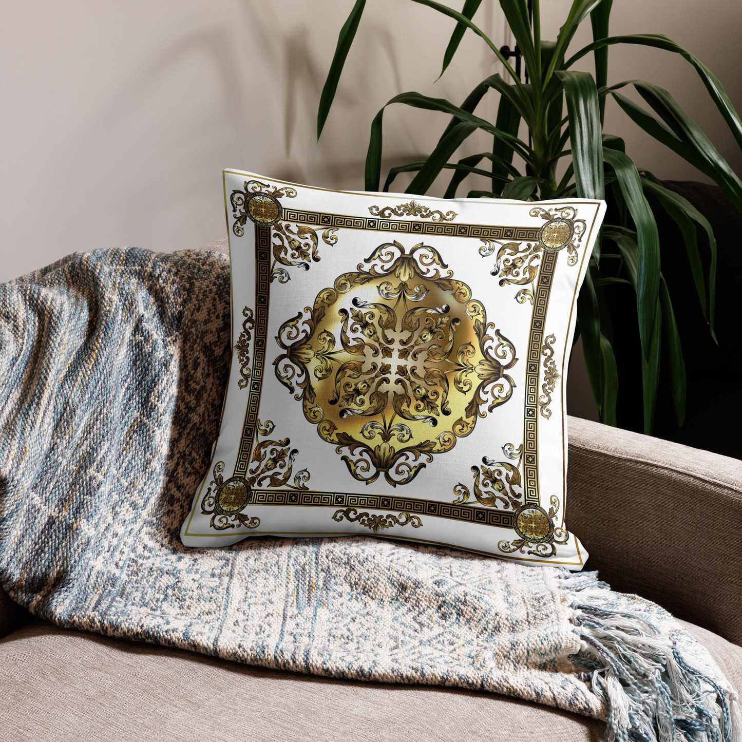 Greek Key Gold White Ornate Premium Pillow