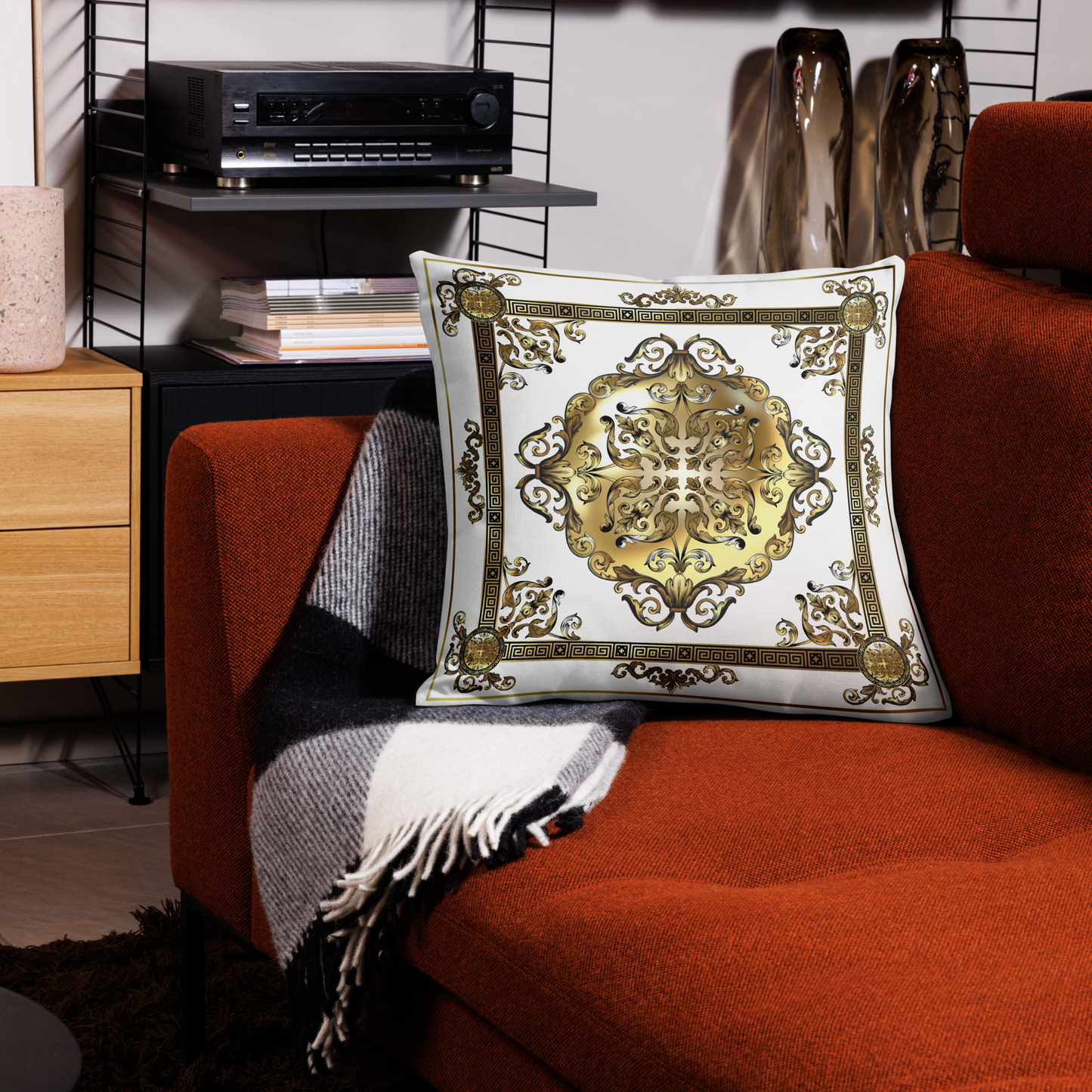 Greek Key Gold White Ornate Premium Pillow