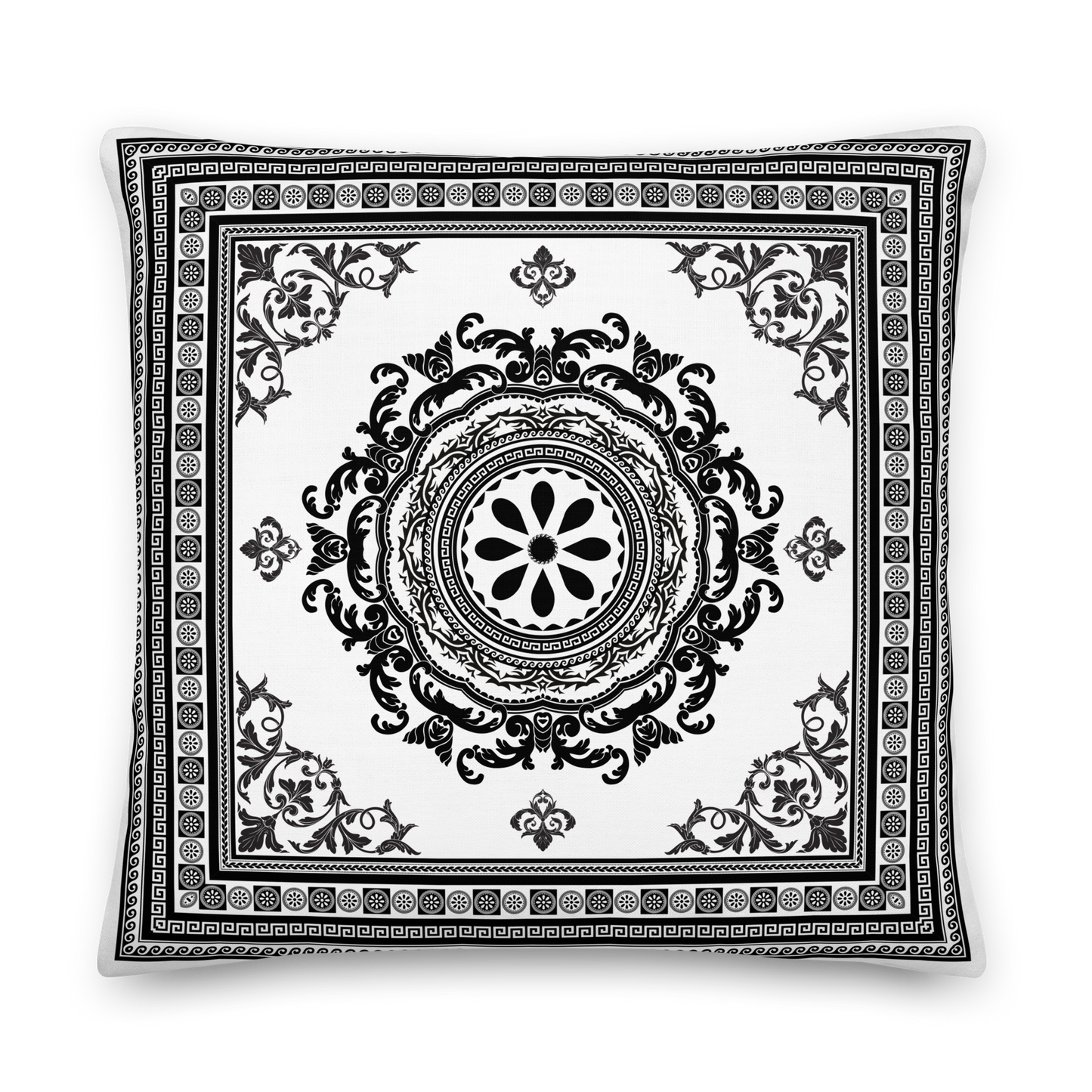 Ornate White Black Floral Greek Key Premium Pillow