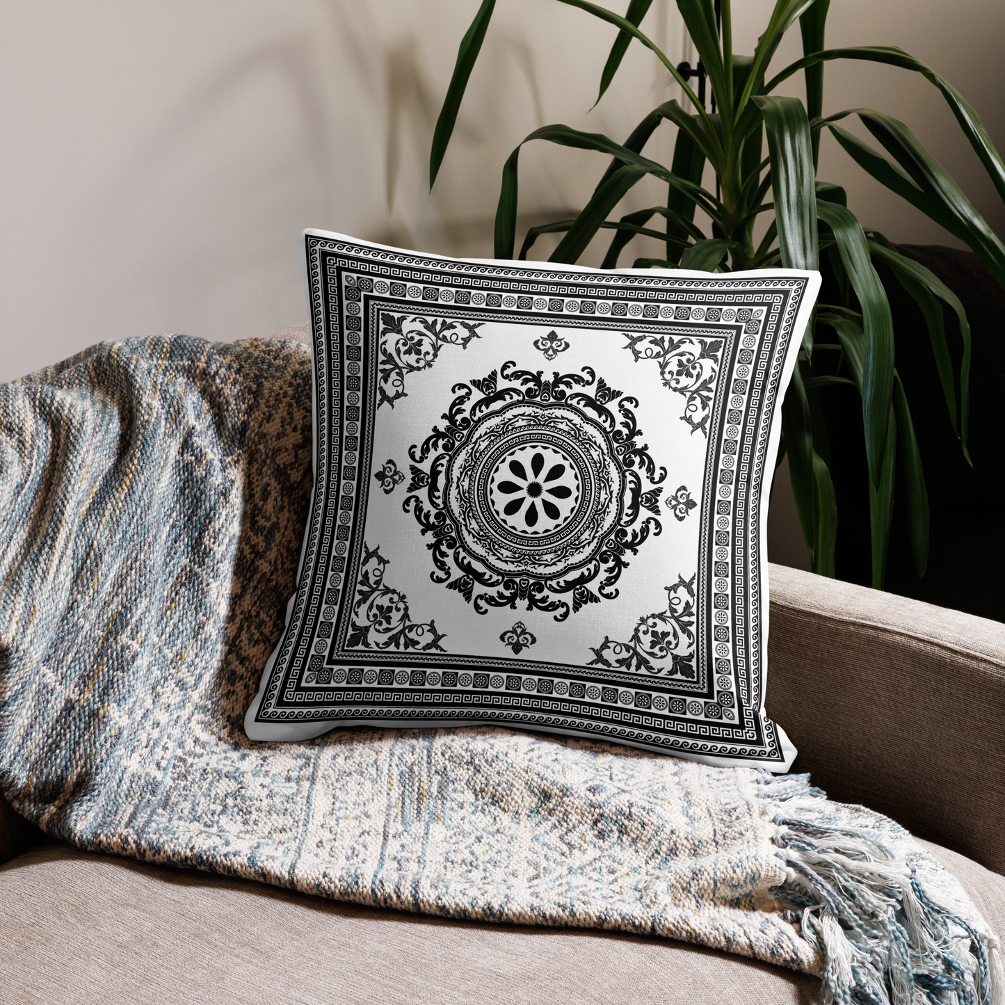 Ornate White Black Floral Greek Key Premium Pillow