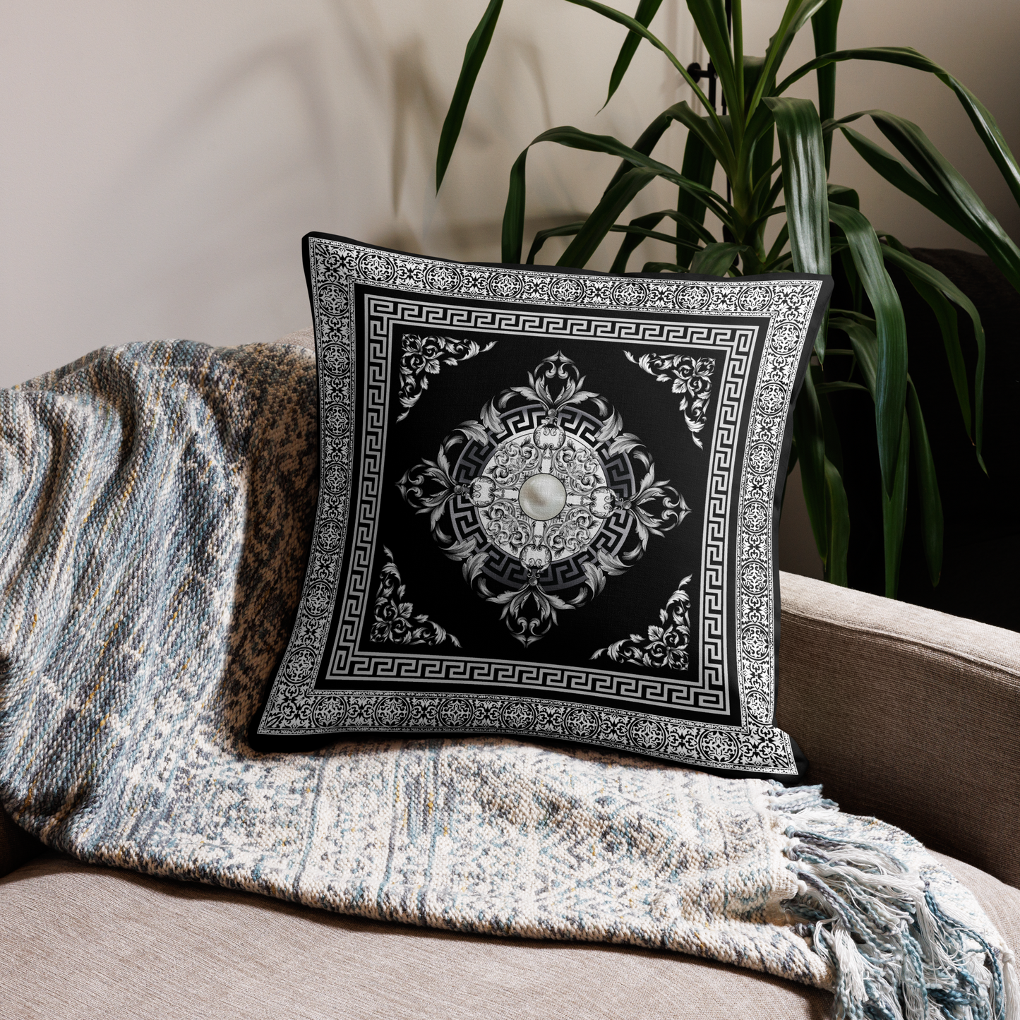 Greek Key SIlver White Black Medallion Premium Pillow