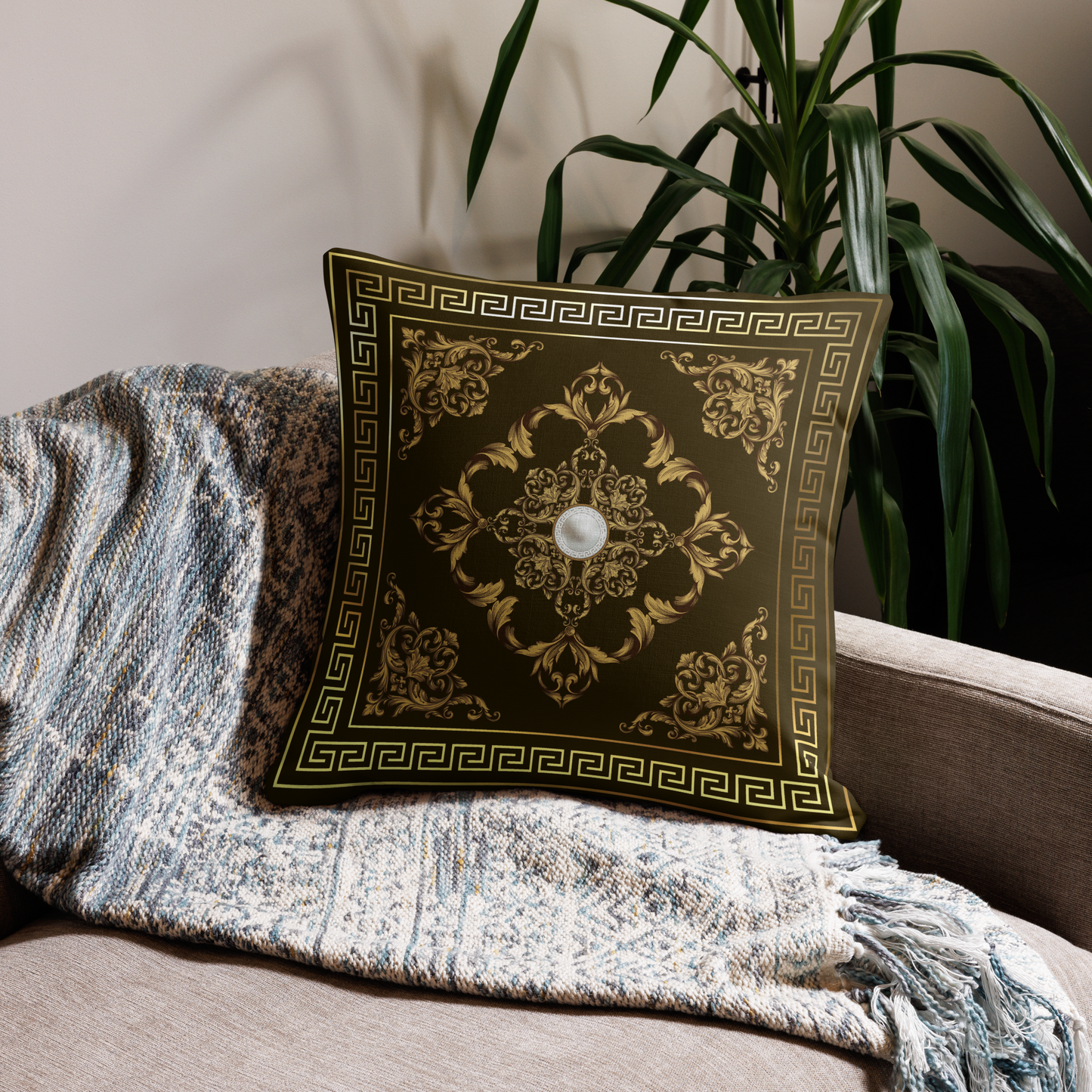 Brown Gold Greek Key Medallion Premium Pillow