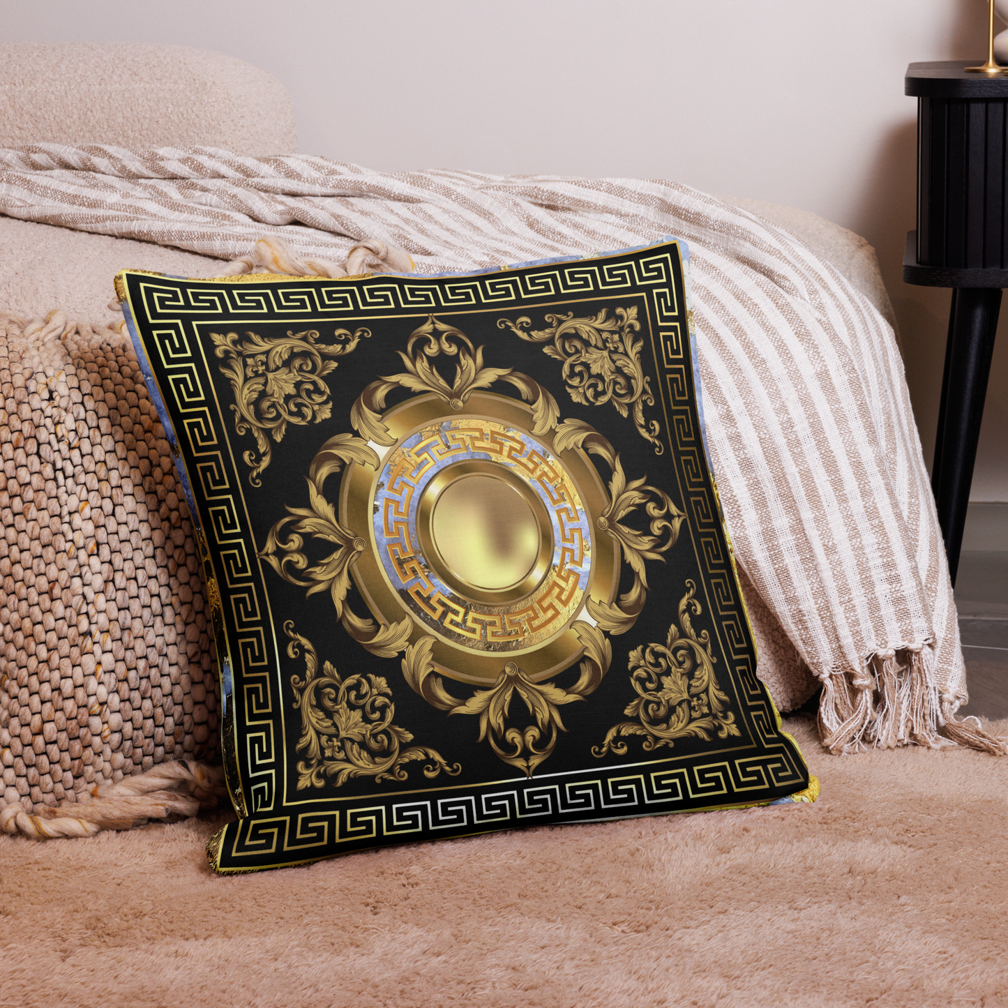 Greek Key Black Gold Medallion White Stone Premium Pillow