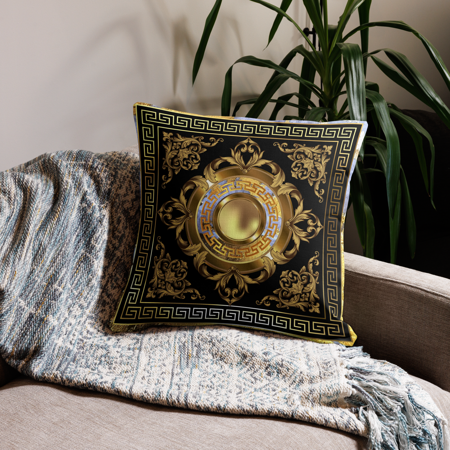 Greek Key Black Gold Medallion White Stone Premium Pillow