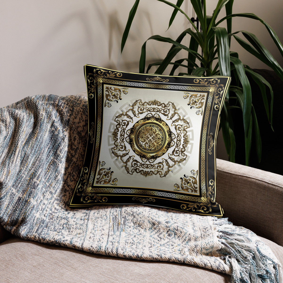 Ornate Baroque Balck Cream Gold Greek Keys Premium Pillow