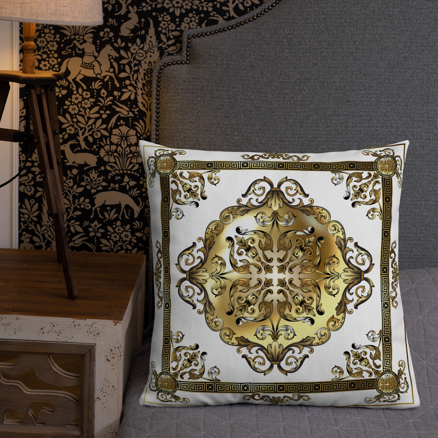 Greek Key Gold White Ornate Premium Pillow