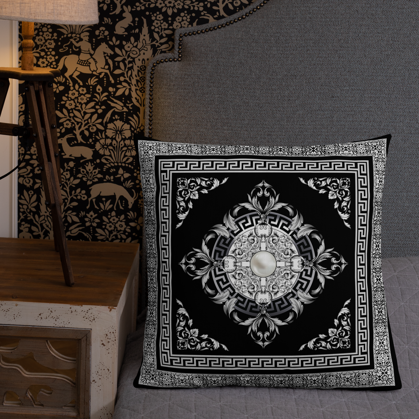 Greek Key SIlver White Black Medallion Premium Pillow