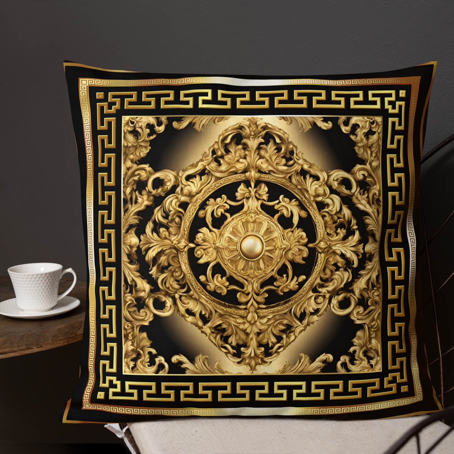 Ornate Baroque Gold Black Greek Key Premium Pillow