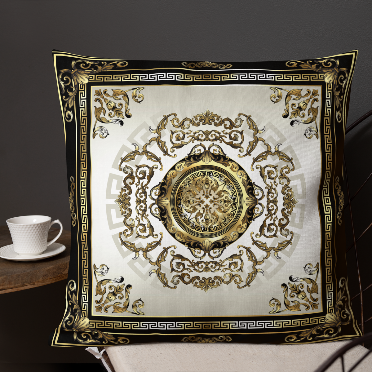 Ornate Baroque Balck Cream Gold Greek Keys Premium Pillow