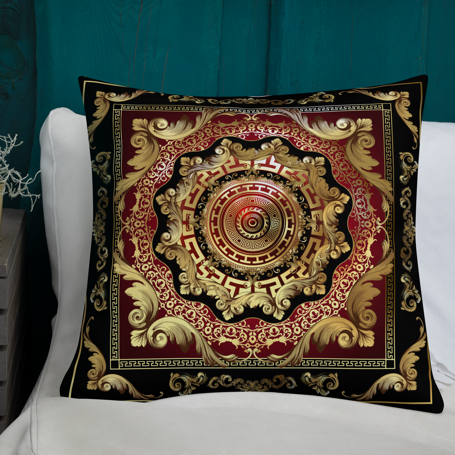 Greek Key Gold Black Red Ornate Baroque Premium Pillow