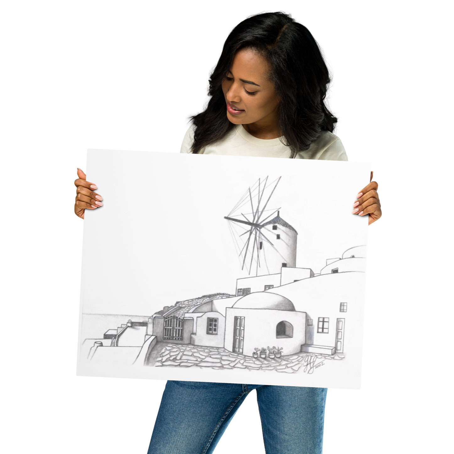 Yiorgos Drawing Oia Santorini Metal prints