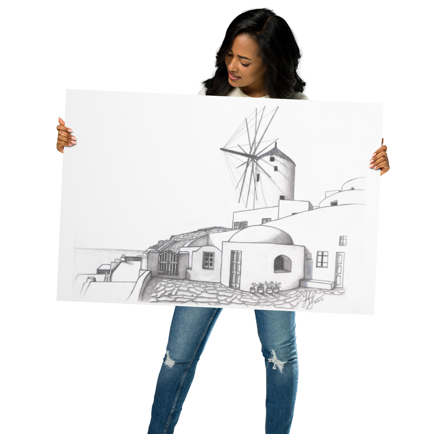 Yiorgos Drawing Oia Santorini Metal prints