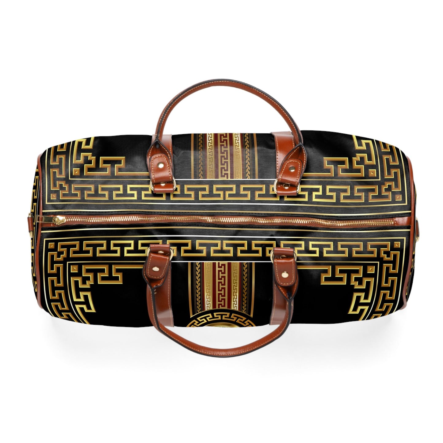 Greek Key Gold Black Medallion Waterproof Travel Bag