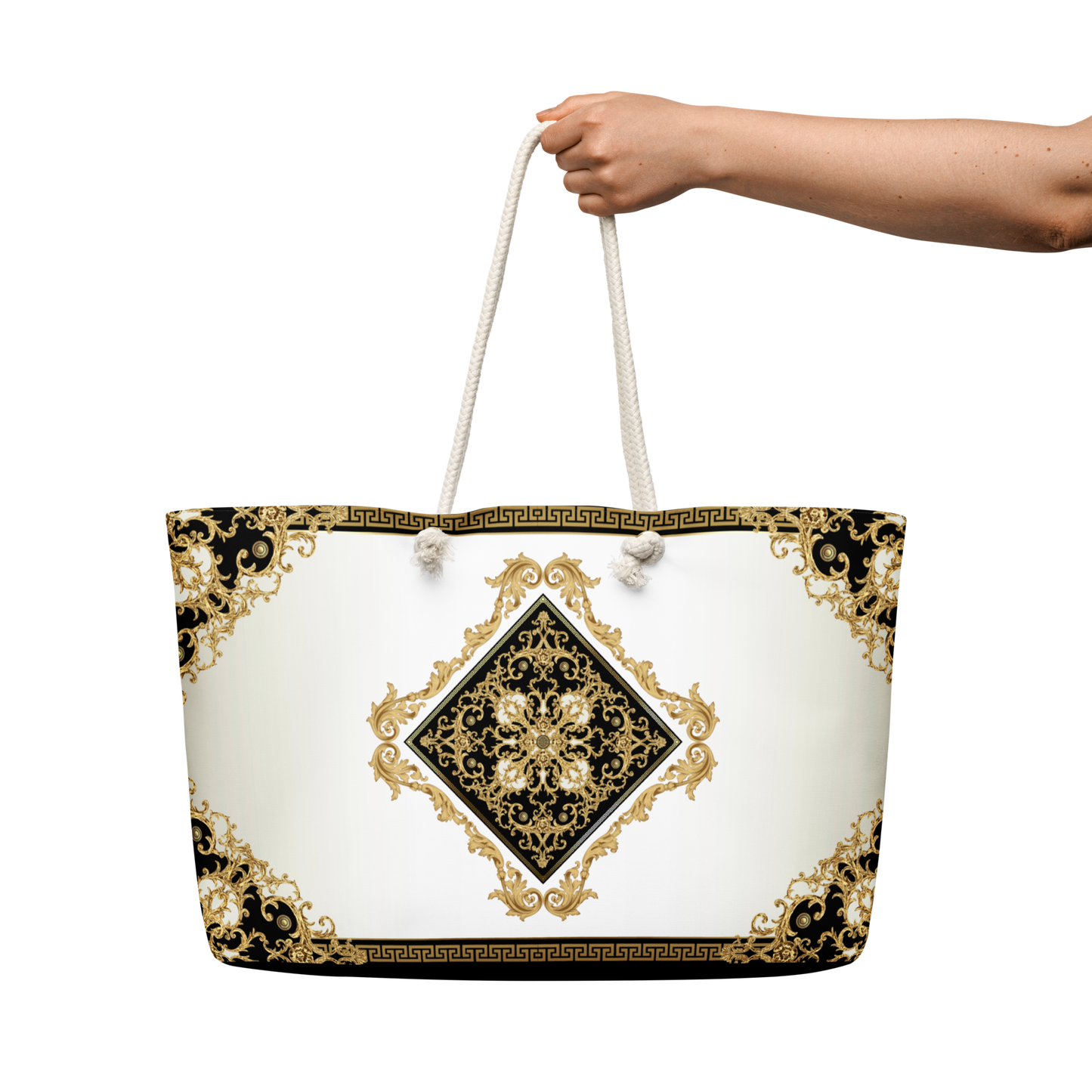 Ornate Baroque Black Gold Cream Oversized Tote Bag