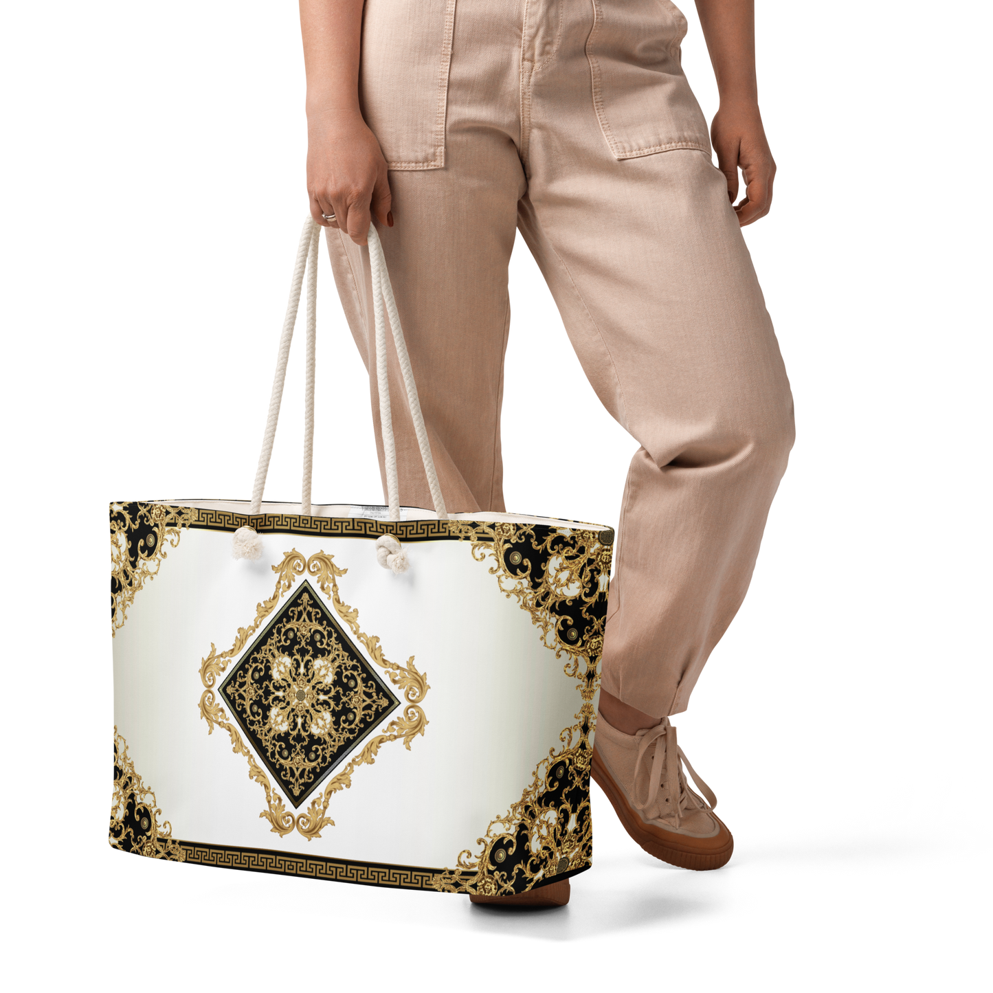 Ornate Baroque Black Gold Cream Oversized Tote Bag