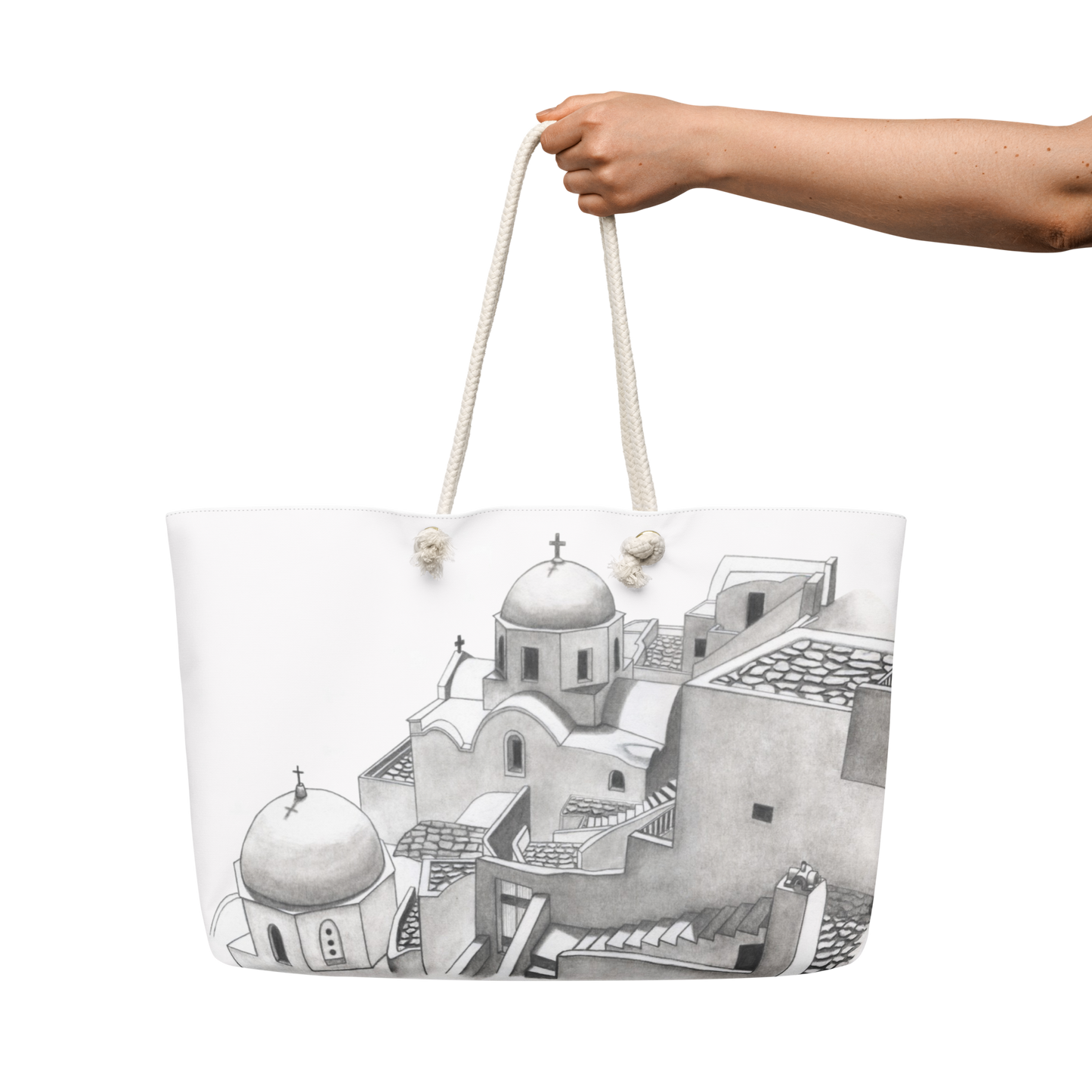 Santorini Drawing B&W Beach Weekender Bag Yiorgos Original Drawing