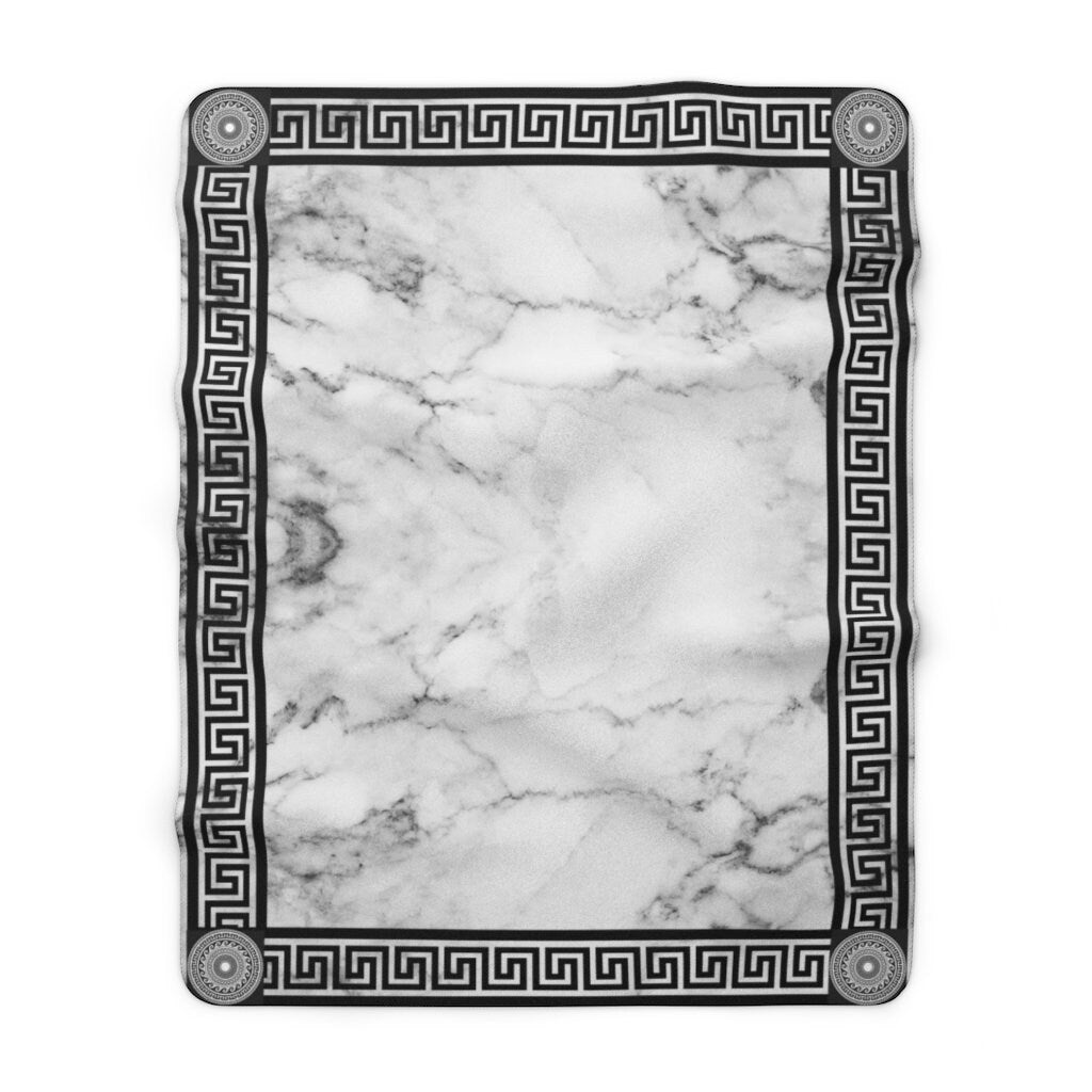 Black Greek Key on White Marble Sherpa Fleece Blanket