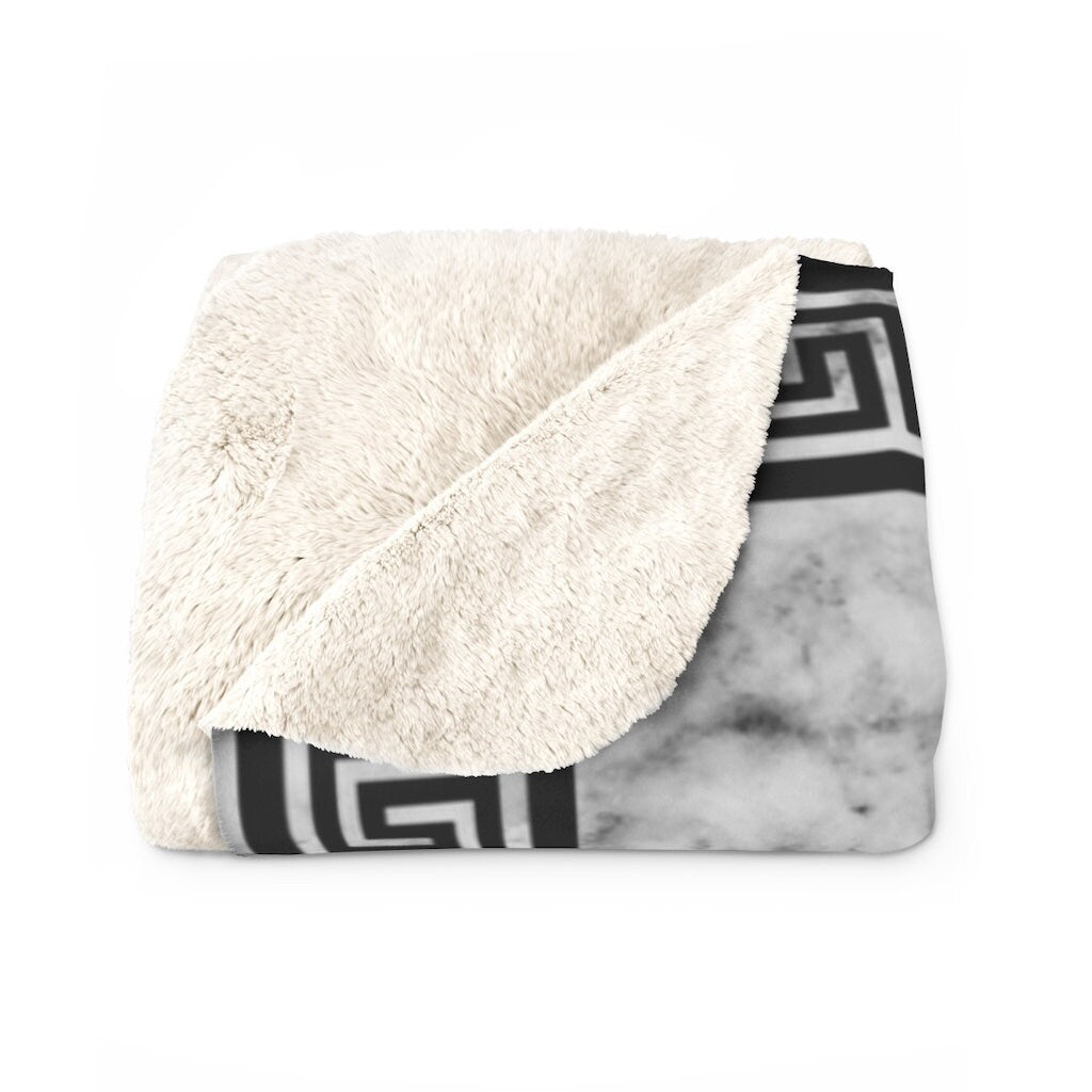 Black Greek Key on White Marble Sherpa Fleece Blanket