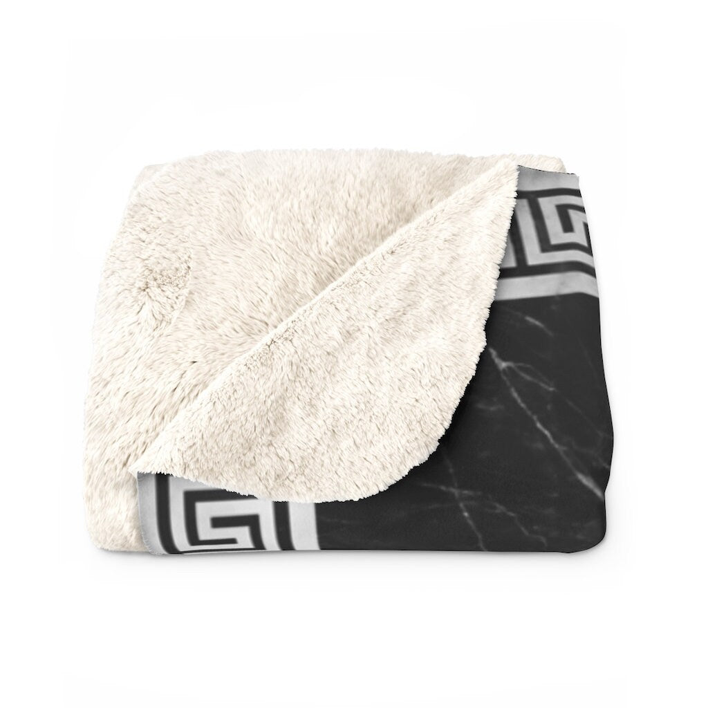 Greek Key White Grey Black Marble Sherpa Fleece Blanket