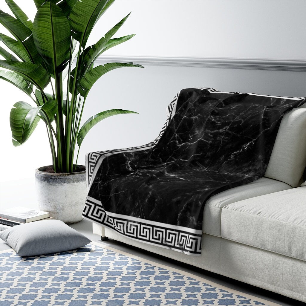 Greek Key White Grey Black Marble Sherpa Fleece Blanket