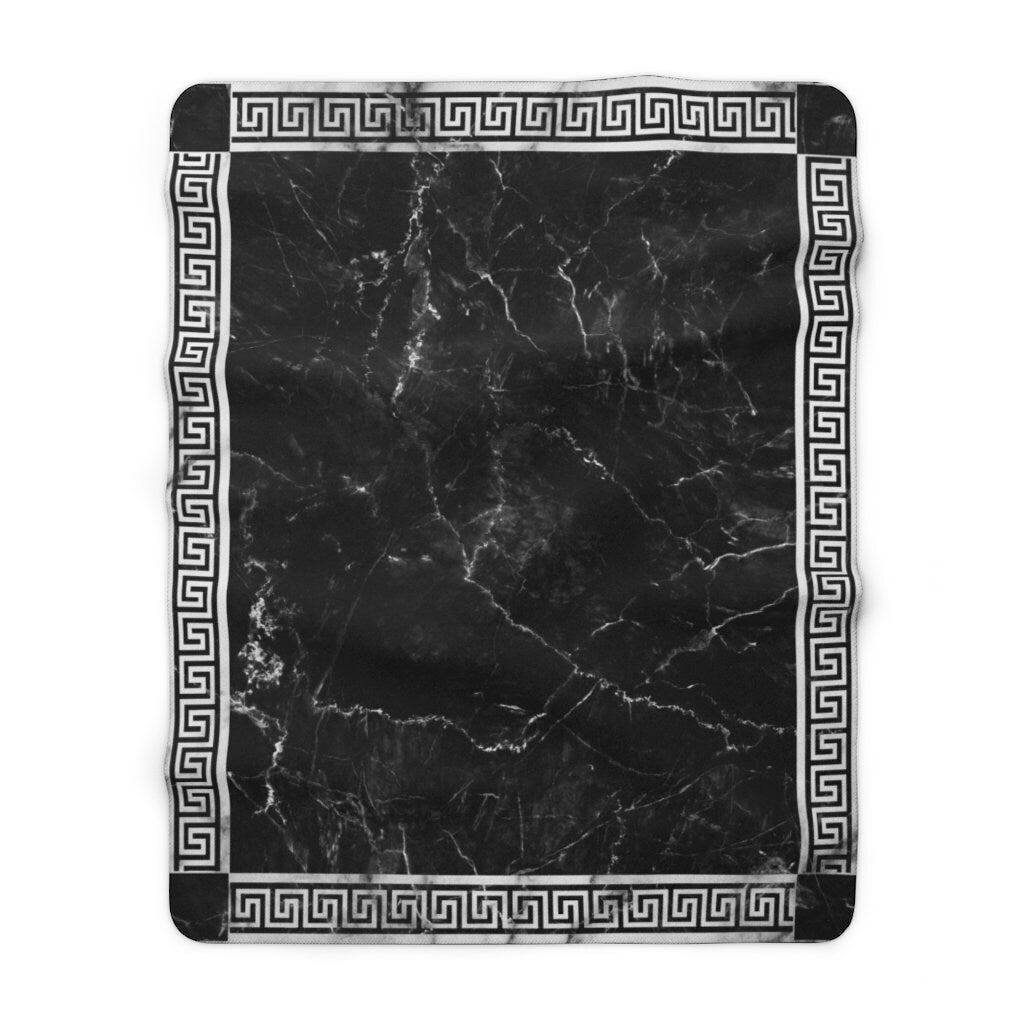 Greek Key White Grey Black Marble Sherpa Fleece Blanket