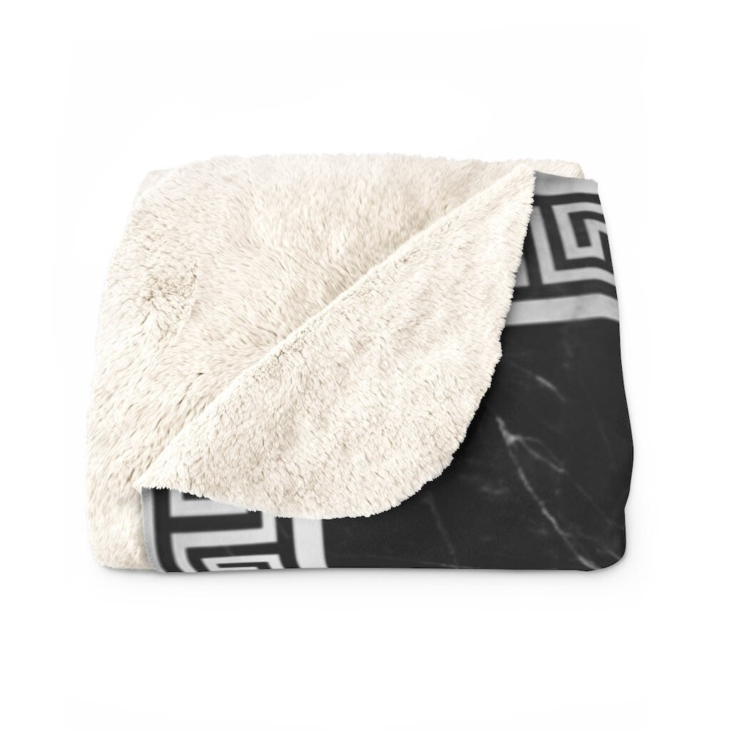 Greek Key White Grey Black Marble Sherpa Fleece Blanket