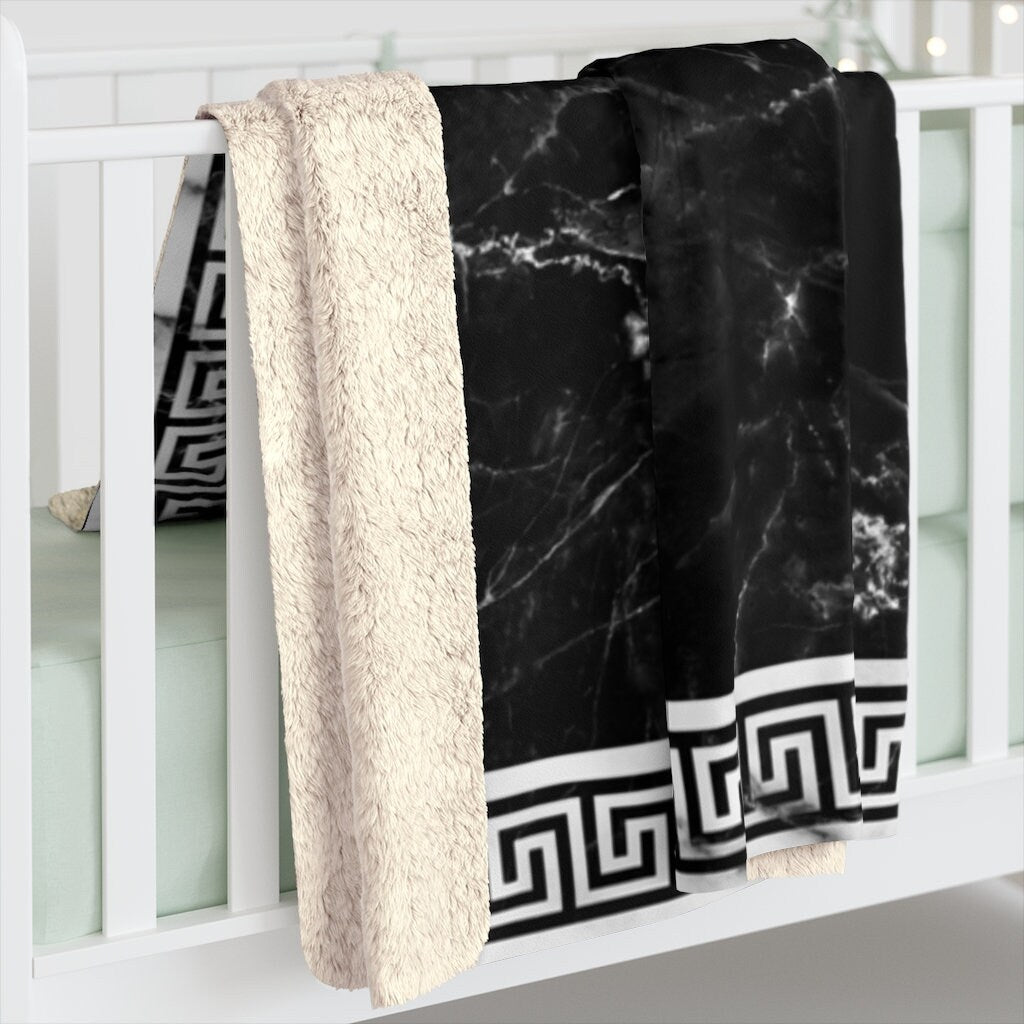 Greek Key White Grey Black Marble Sherpa Fleece Blanket