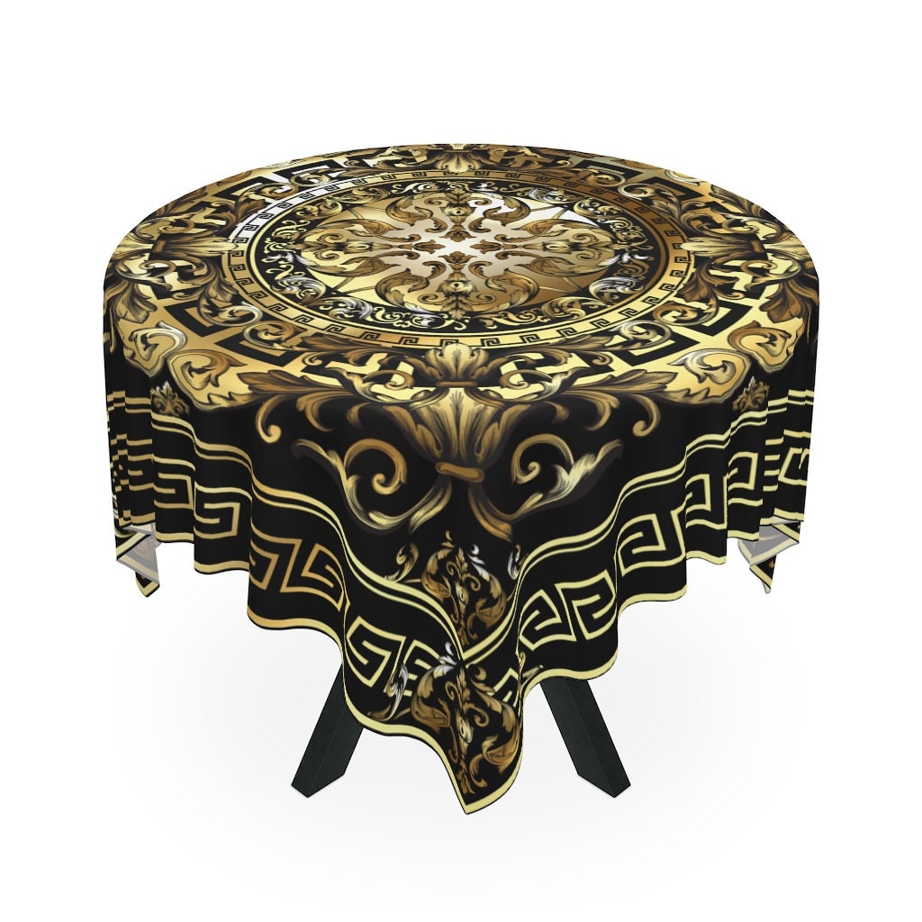 Greek Key Black Gold Baroque Table Cloth