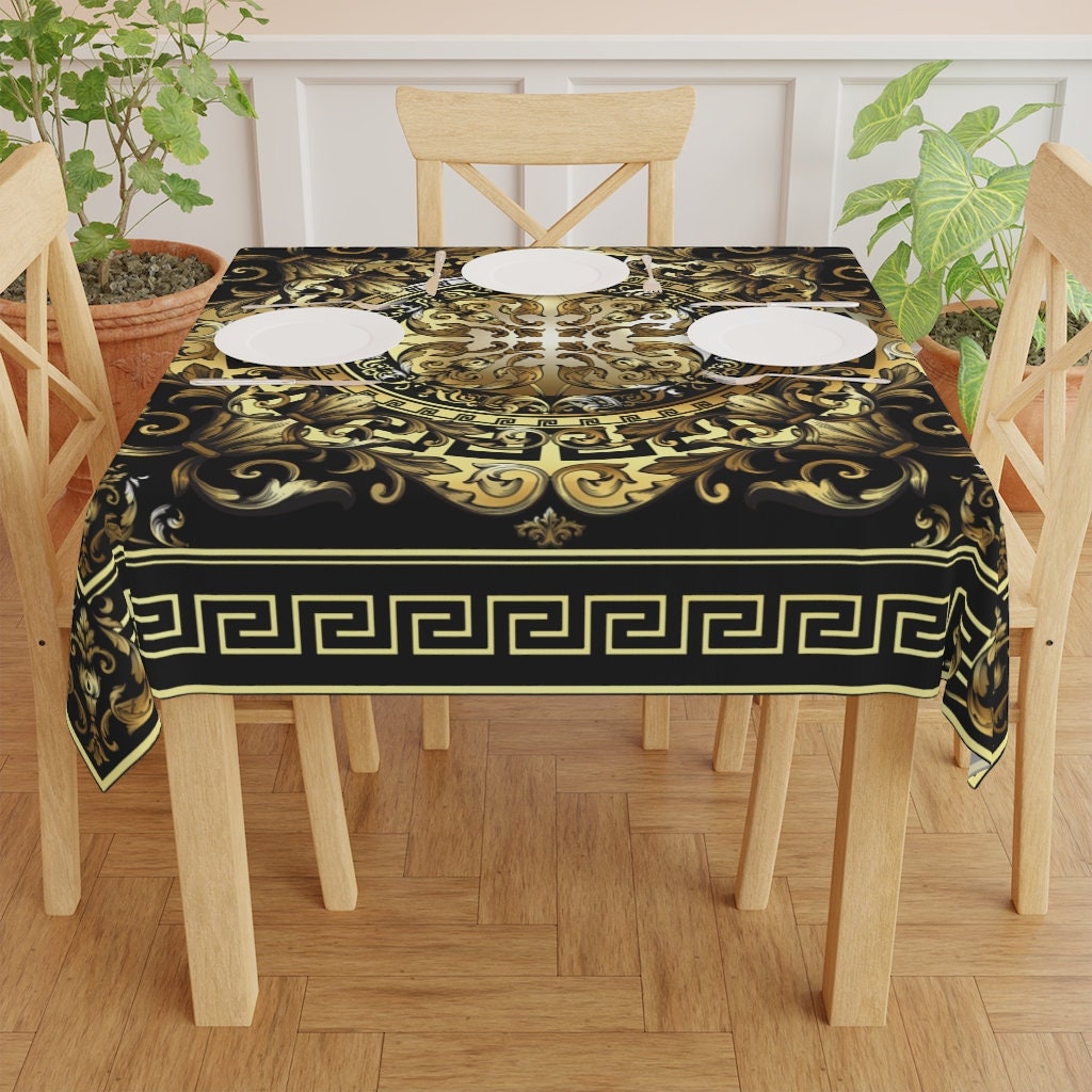 Greek Key Black Gold Baroque Table Cloth