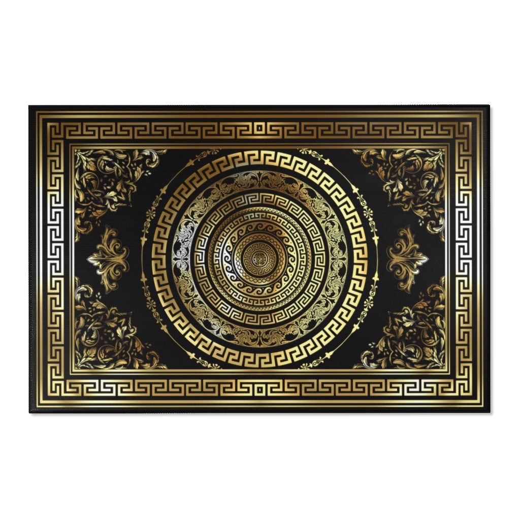 Greek Key Black & Gold Ornate Baroque Area Rugs