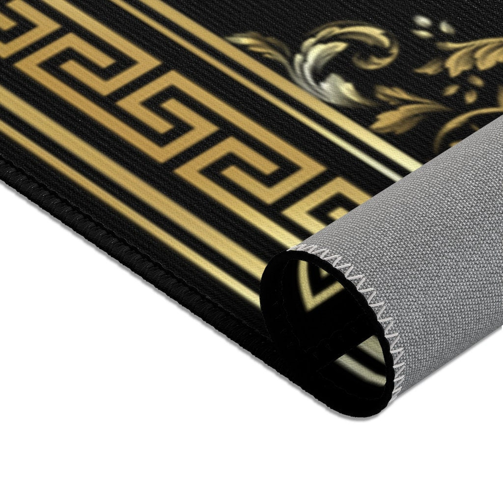 Greek Key Black & Gold Ornate Baroque Area Rugs