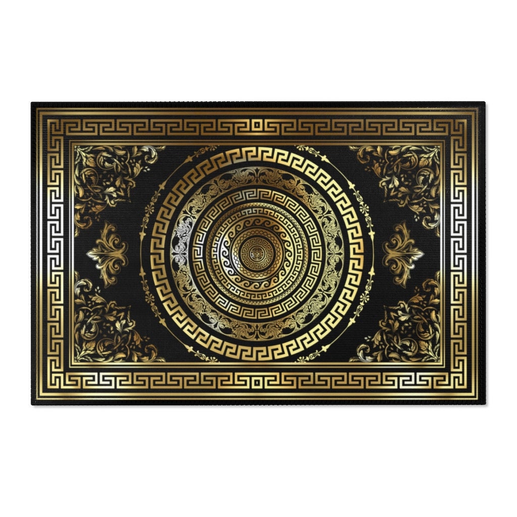 Greek Key Black & Gold Ornate Baroque Area Rugs