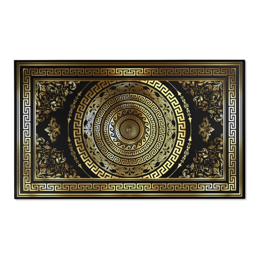 Greek Key Black & Gold Ornate Baroque Area Rugs