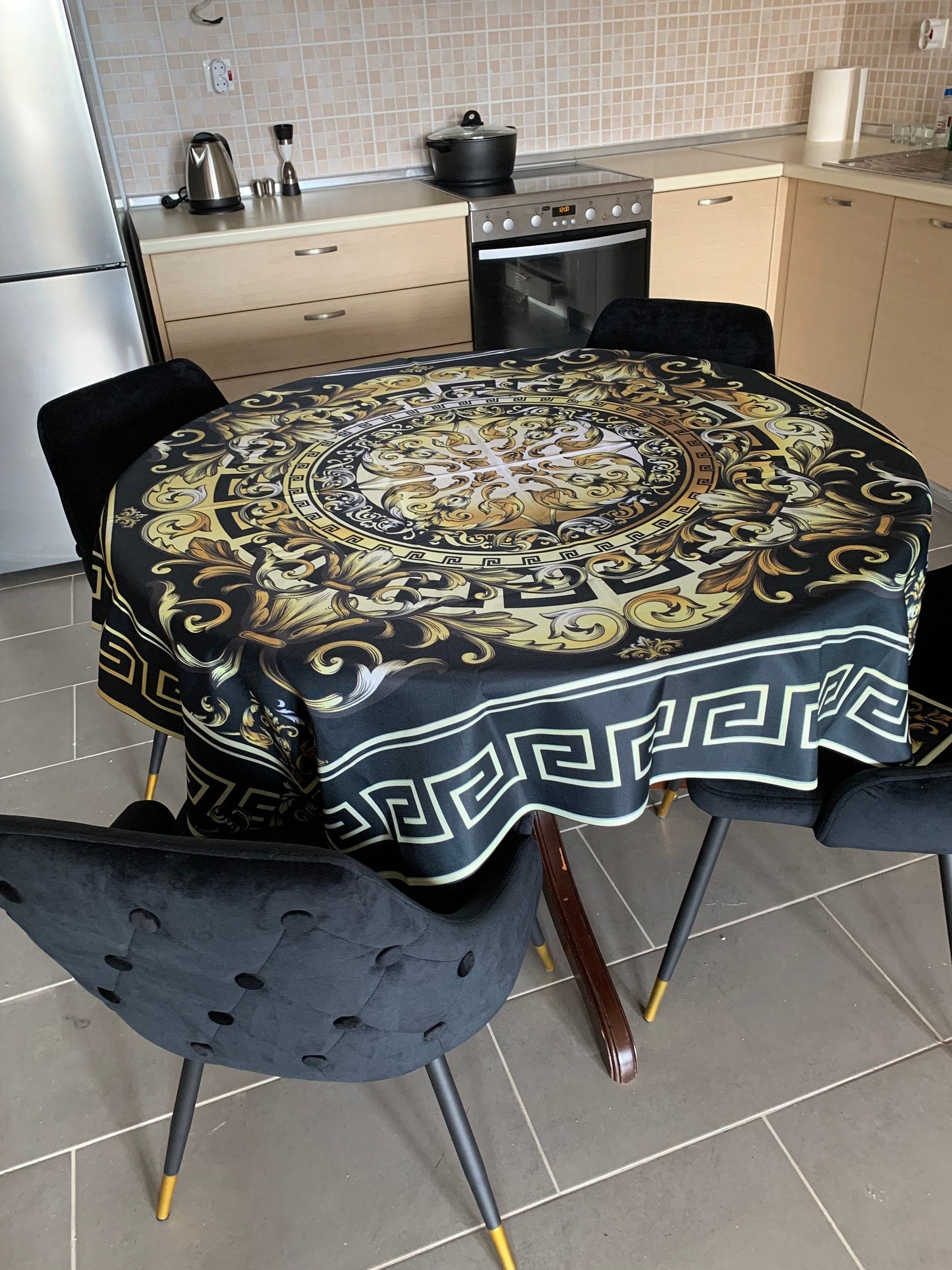 Greek Key Black Gold Baroque Table Cloth