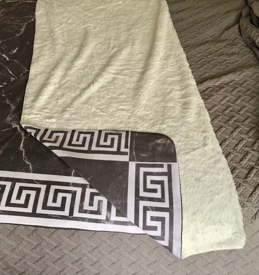 Greek Key White Grey Black Marble Sherpa Fleece Blanket