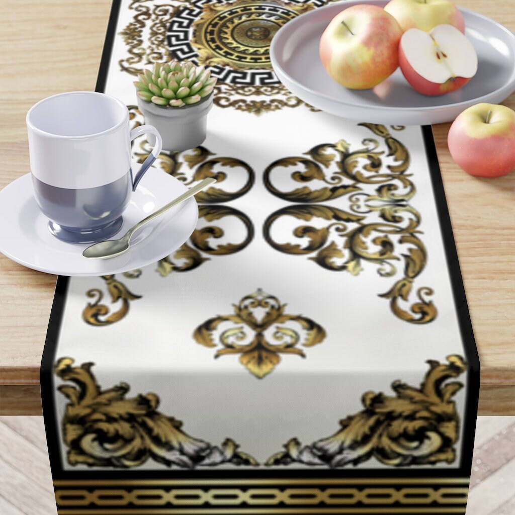 Greek Key Gold Black White Ornate Baroque Table Runner