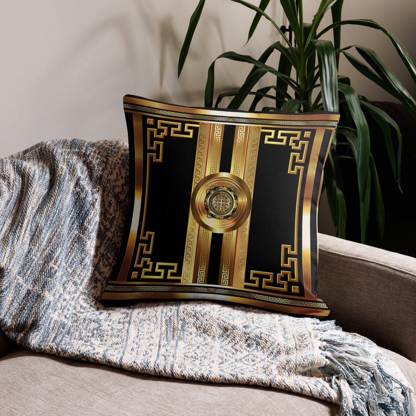 Black Gold Medallion Greek Key Large Premium Pillow