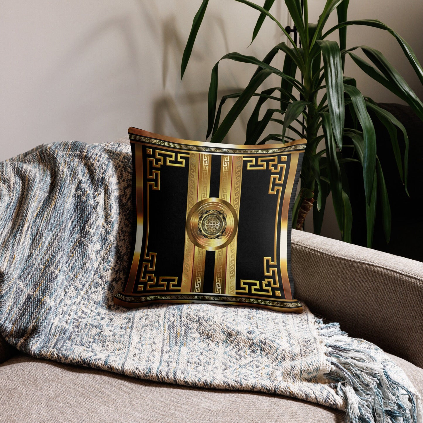 Black Gold Medallion Greek Key Large Premium Pillow