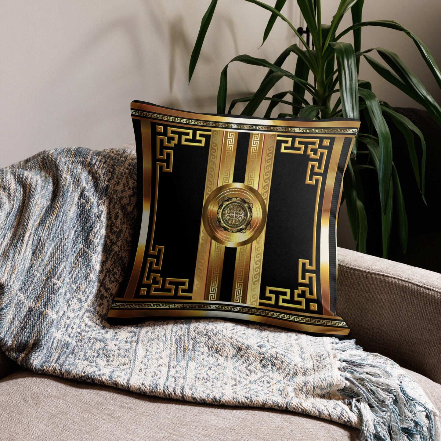 Black Gold Medallion Greek Key Large Premium Pillow